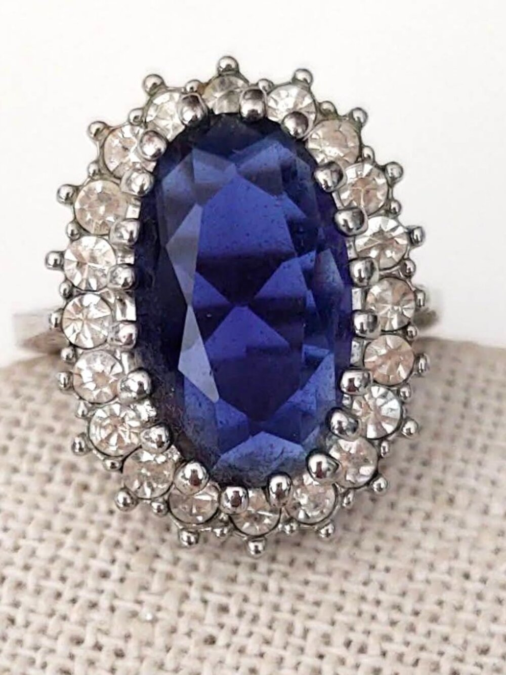 Faux sapphire and diamond cocktail statement ring